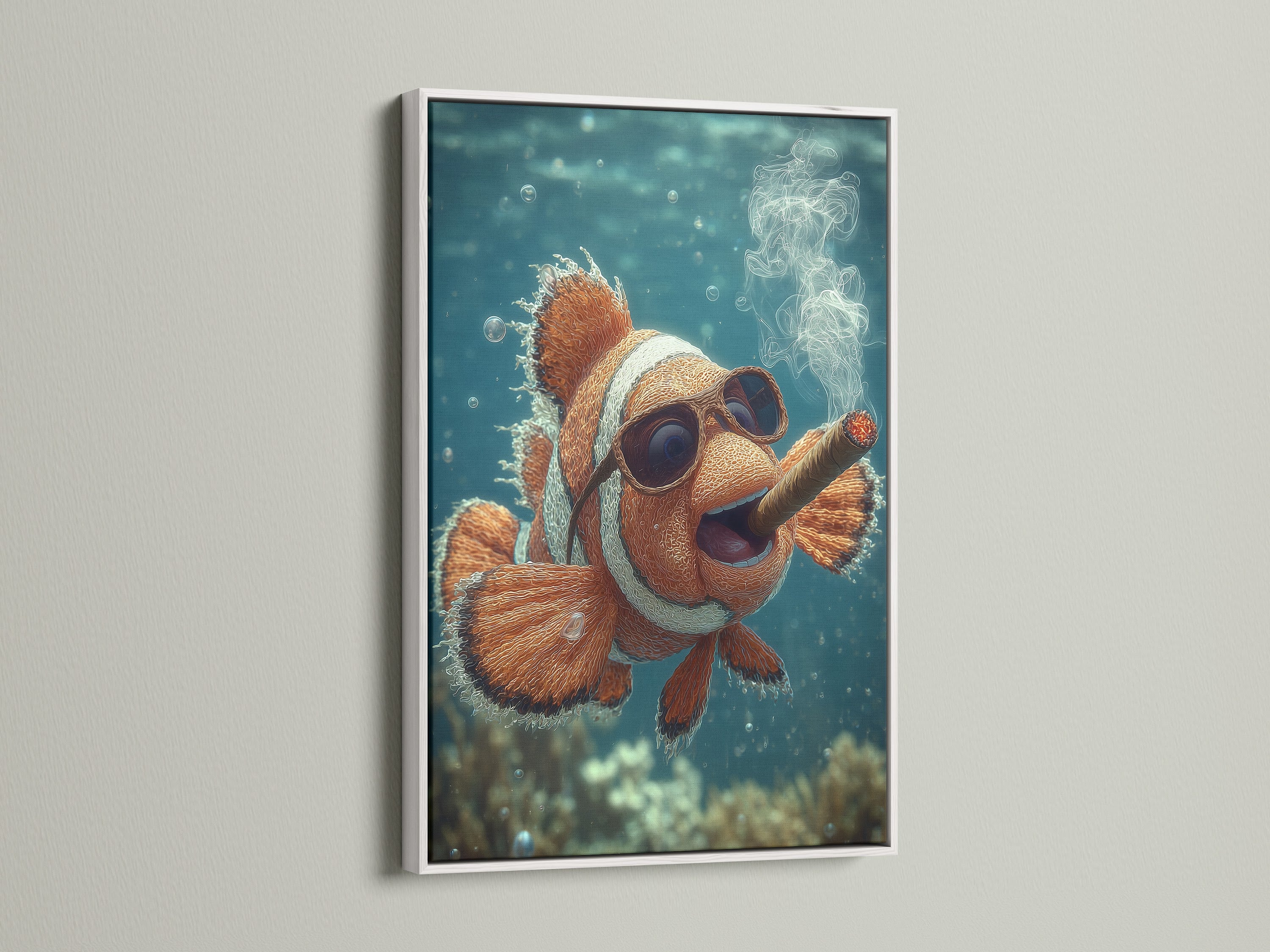 Clownfish artwork in a white frame. The crisp white frame offers a clean and modern look. This framed art brightens any space. It provides a gallery-worthy display. Discover how framed art can transform your home decor.