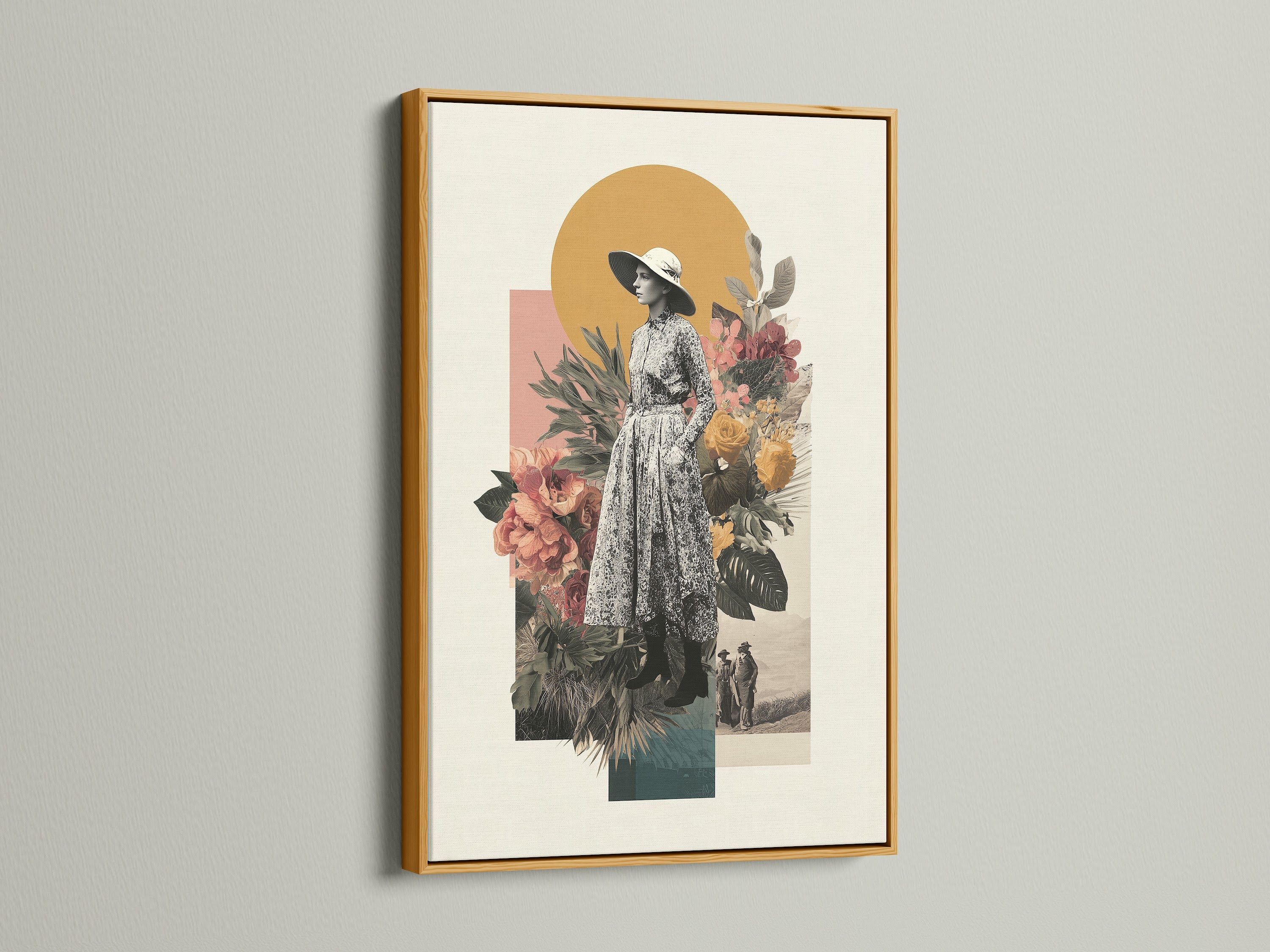 Vintage collage art print in a gold frame. This boho wall art showcases a woman in retro fashion with flowers. The gold frame adds a touch of elegance to this botanical canvas. Ideal for enhancing your bedroom wall decor. It complements eclectic and bohemian styles with beige and brown tones.