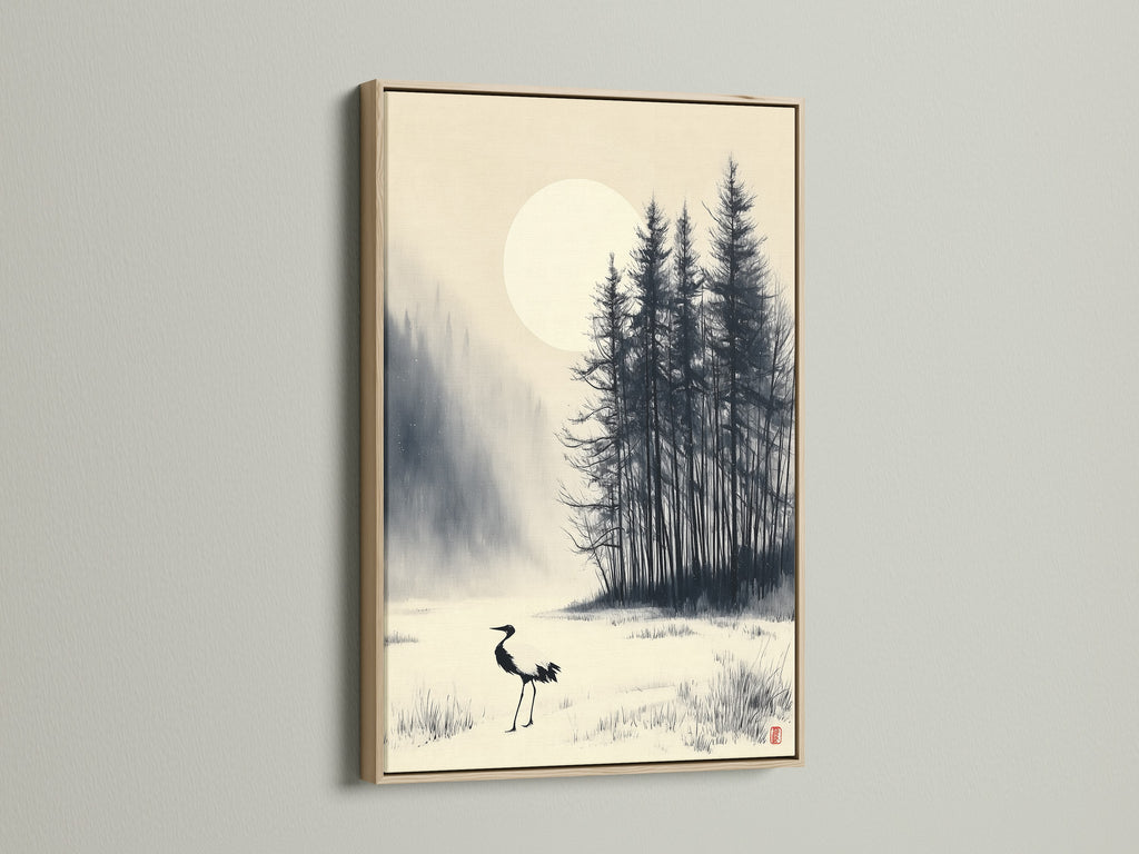 Discover Japanese print art with a crane in an ink wash style. This winter canvas art is showcased in an oak frame. The art adds a touch of zen to any room. Ideal for living rooms bedrooms and offices. The neutral tones blend seamlessly with various decor styles.