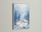 Winter Cabin Artwork in a white frame. The white frame enhances the snowy forest print. This rustic wall decor is great for living rooms and mountain retreats. Perfect for cabin owners.