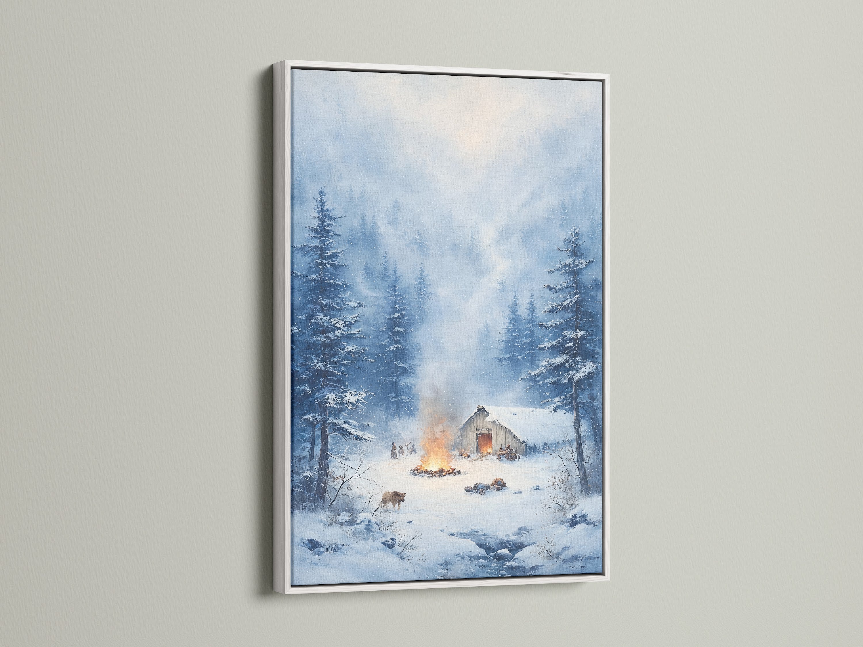 Winter Cabin Artwork in a white frame. The white frame enhances the snowy forest print. This rustic wall decor is great for living rooms and mountain retreats. Perfect for cabin owners.