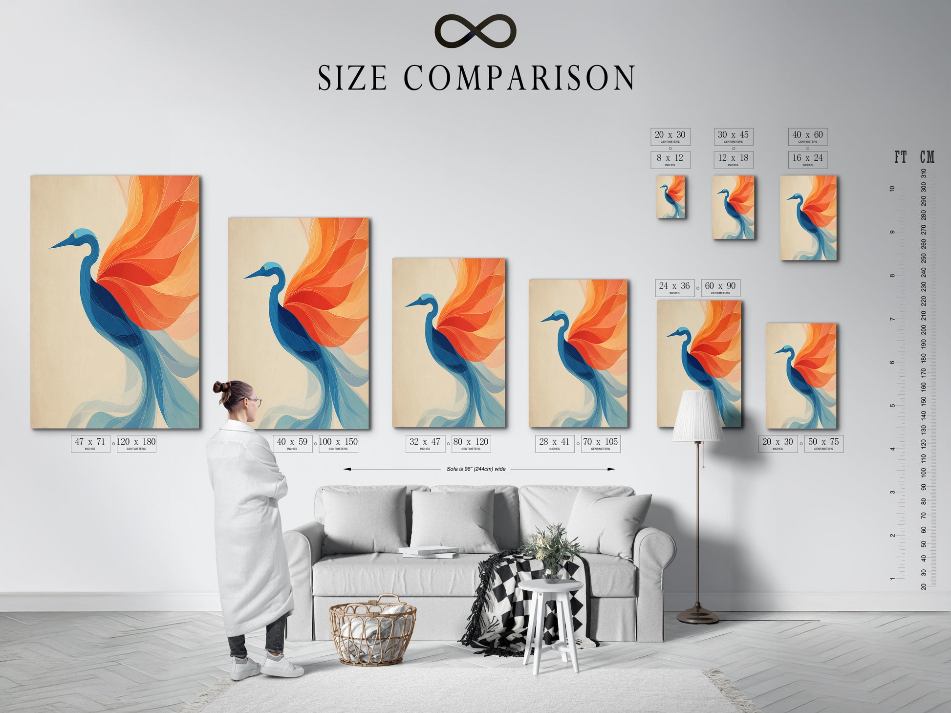 A size comparison chart shows the crane artwork in an interior setting. Visualize the perfect size for your space. This helps you choose the right dimensions for your wall art. See how the abstract print complements your decor.