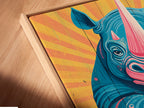 A close-up shot of a rhino canvas print in a floating frame. The floating frame gives the artwork a gallery-like feel. Perfect for showcasing modern artwork in any room. It is ideal for homeowners and interior decorators. Elevate your wall decor today.