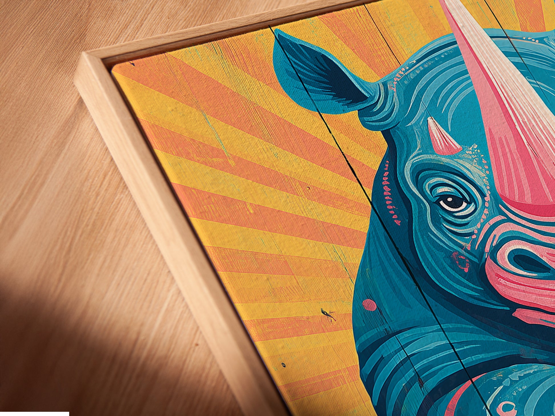 A close-up shot of a rhino canvas print in a floating frame. The floating frame gives the artwork a gallery-like feel. Perfect for showcasing modern artwork in any room. It is ideal for homeowners and interior decorators. Elevate your wall decor today.