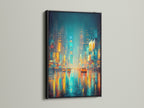 Here is the Rainy Night Cityscape art with a sleek black frame. The black frame adds a bold and contemporary touch to the urban canvas. This modern decor choice is perfect for creating a focal point in your living room wall art or office.