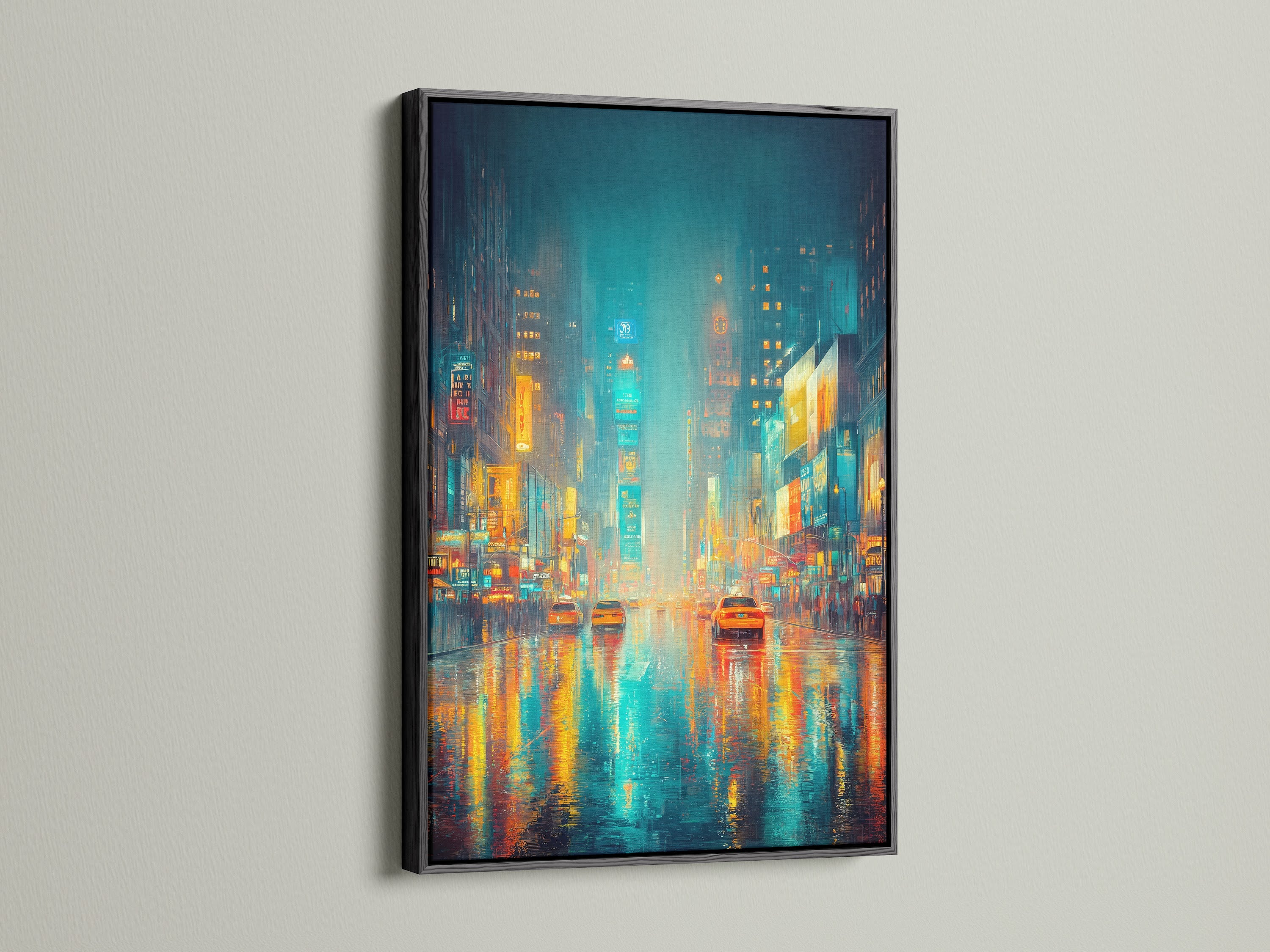 Black frame highlighting this cityscape art. The urban canvas features a rainy night scene. Neon lights create a vibrant reflection. Perfect for office wall art. It adds a touch of city lights. The style is contemporary.