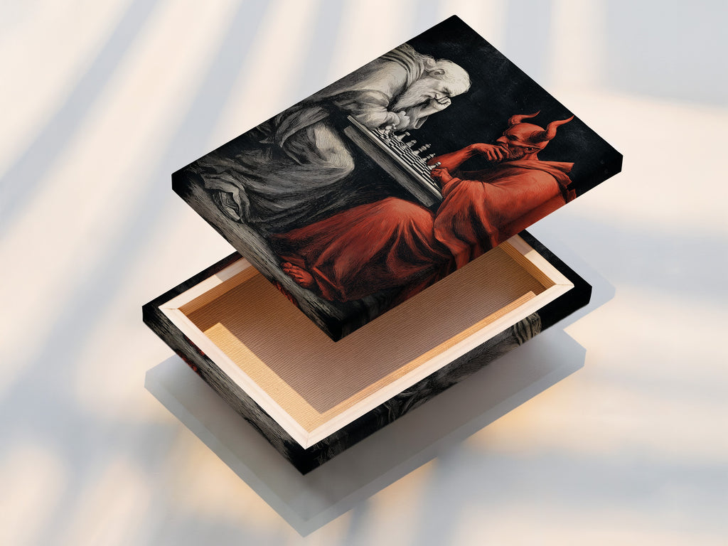 A stretched canvas print of the Chess Master artwork. This devil vs angel wall art is perfect for collectors of gothic decor. The medieval fantasy art adds intrigue to themed spaces. Red and black colors enhance the gothic style.