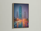Discover cityscape art in an oak frame. This urban canvas art features a vibrant skyline print. Perfect teal wall art for adding a modern touch to your office or home. The oak frame enhances the artwork's contemporary style
