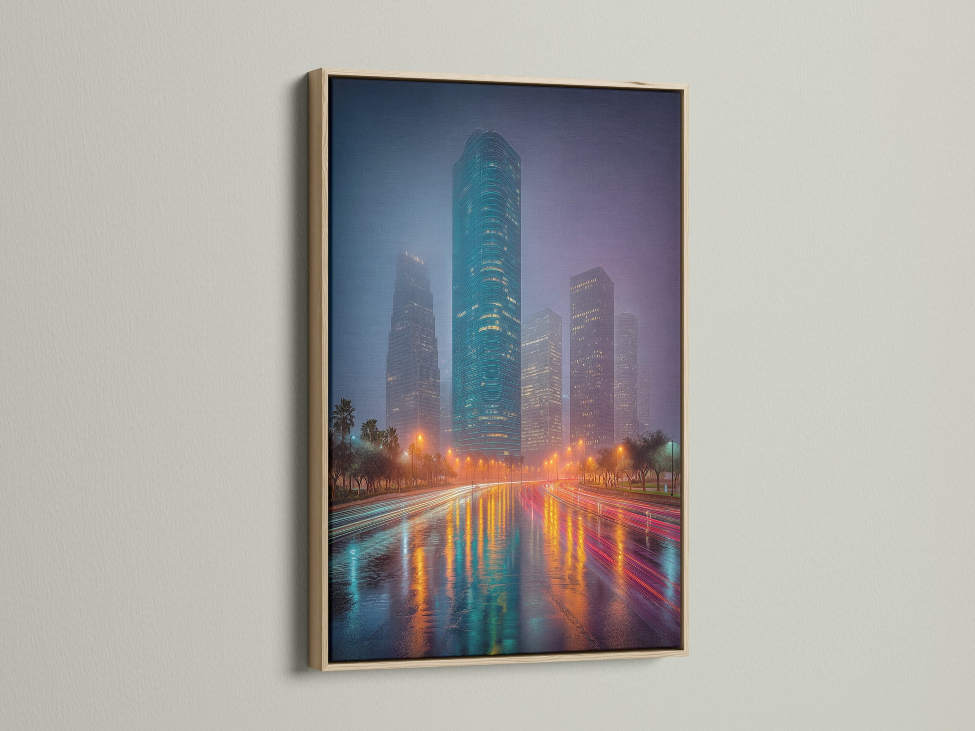 Discover cityscape art in an oak frame. This urban canvas art features a vibrant skyline print. Perfect teal wall art for adding a modern touch to your office or home. The oak frame enhances the artwork's contemporary style