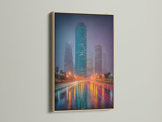 Discover cityscape art in an oak frame. This urban canvas art features a vibrant skyline print. Perfect teal wall art for adding a modern touch to your office or home. The oak frame enhances the artwork's contemporary style