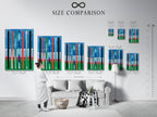 A size comparison chart is shown in an interior setting. This chart helps visualize different artwork sizes. See how each size fits within a room. This ensures you choose the perfect dimensions for your space. Make informed decisions with our size guide.