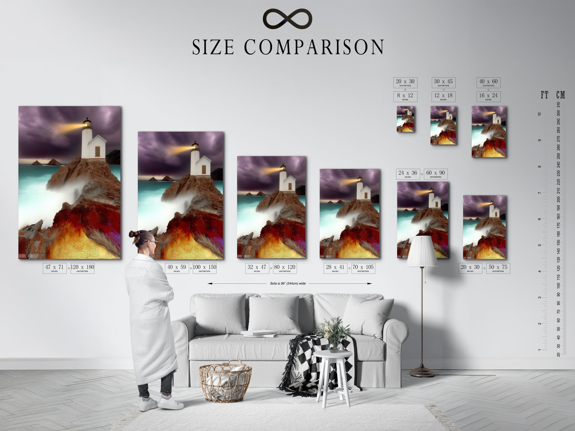 A size comparison chart displayed in an interior setting. See how different sizes of artwork fit in your space. Plan your wall art layout with ease. Find the perfect size for your home. Explore our coastal artwork today.
