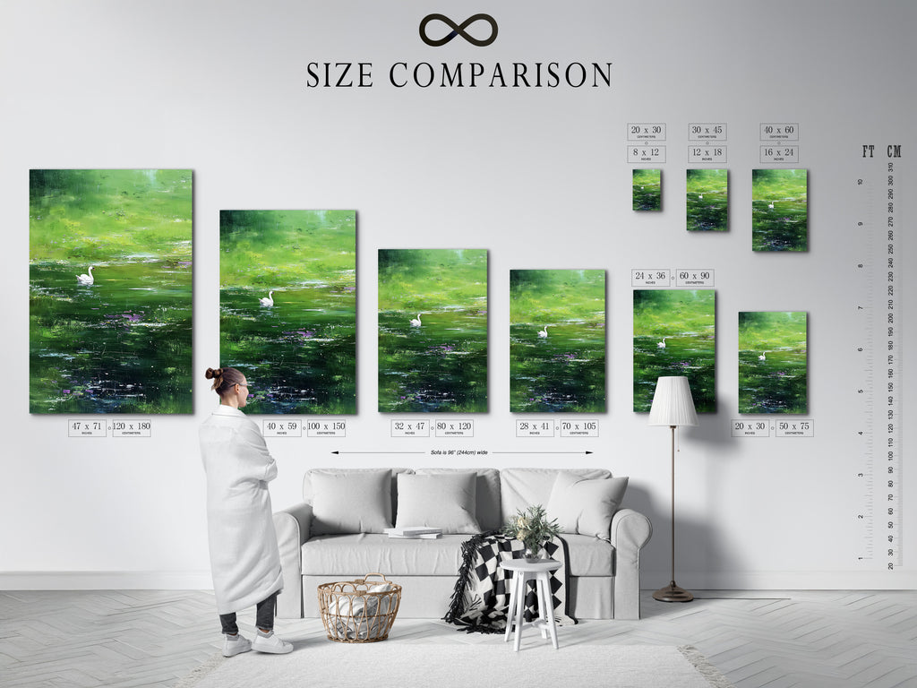 A size comparison chart is showcased in an interior setting. The chart allows customers to visualize artwork dimensions. Different sizes are compared. This helps customers choose the perfect size for their space. Make confident decisions with our chart.