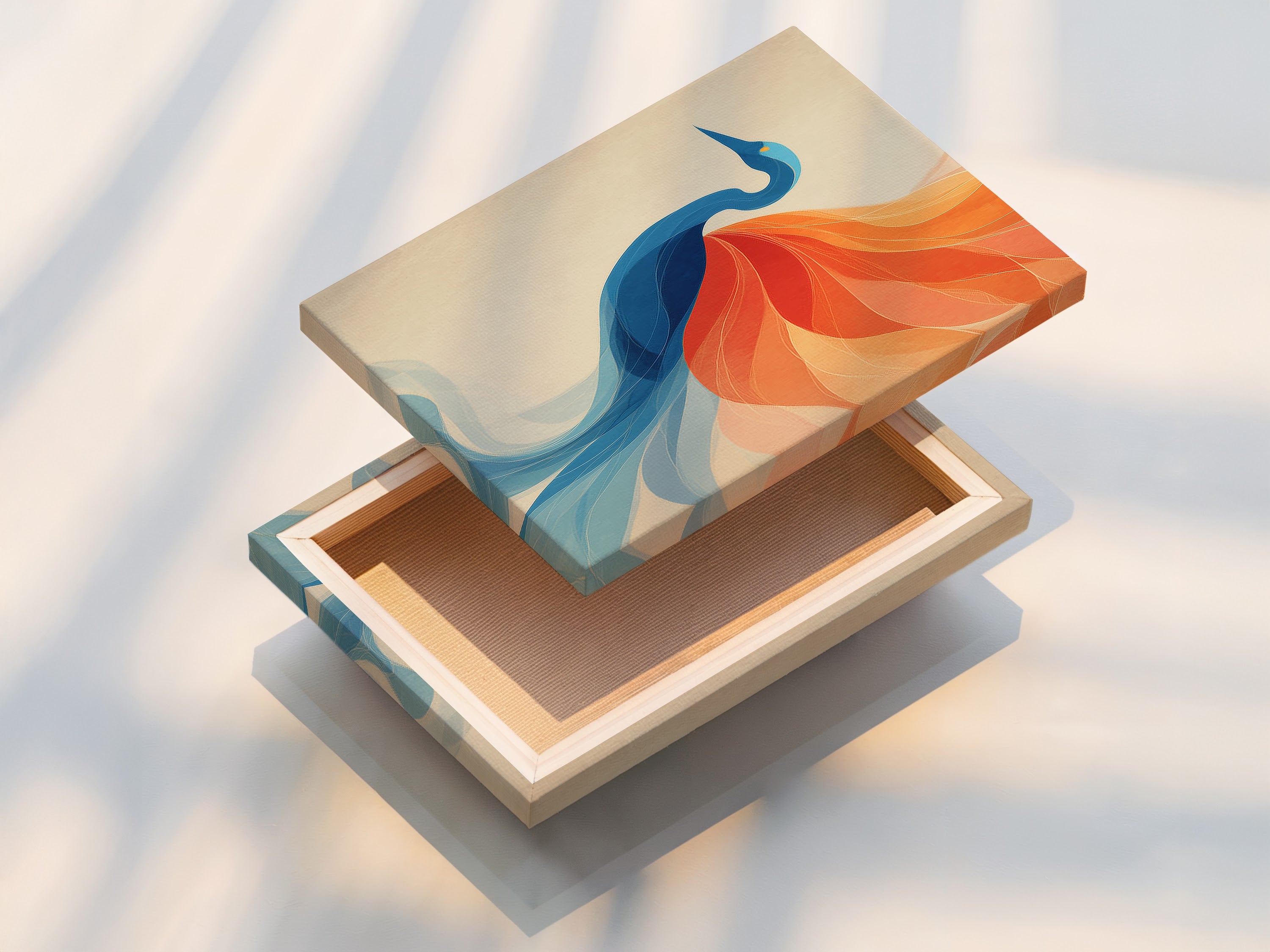 A stretched canvas print of the crane artwork is displayed. This ready-to-hang piece enhances any room. The abstract print and vibrant colors make it a focal point. Perfect for modern art lovers seeking quality wall art.