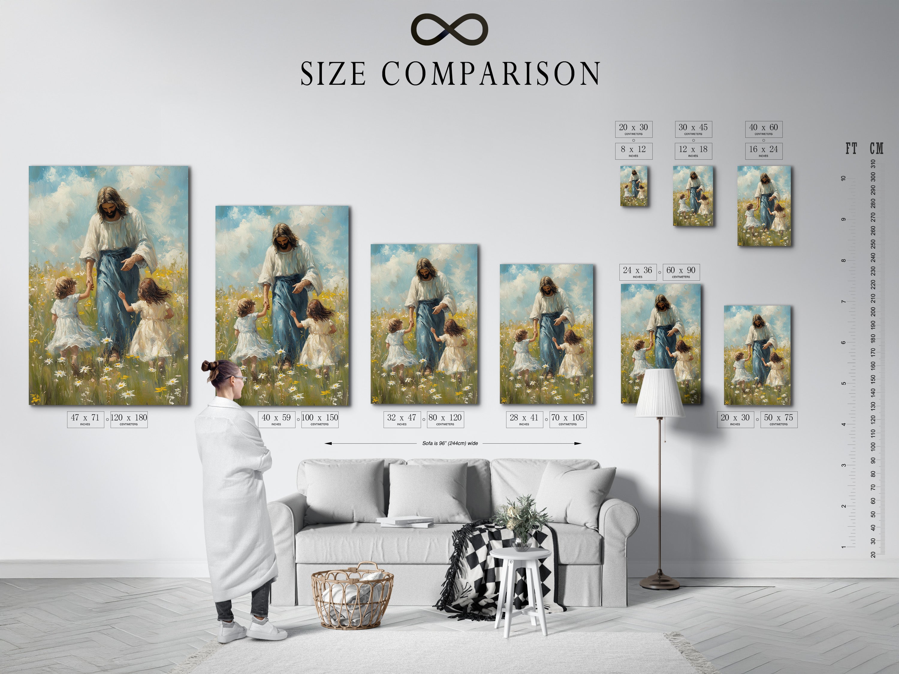 A size comparison chart is placed in an interior setting. The chart helps customers visualize the art. It will guide your decision on which size is needed. The chart showcases different sizes. It ensures the perfect fit for any space.