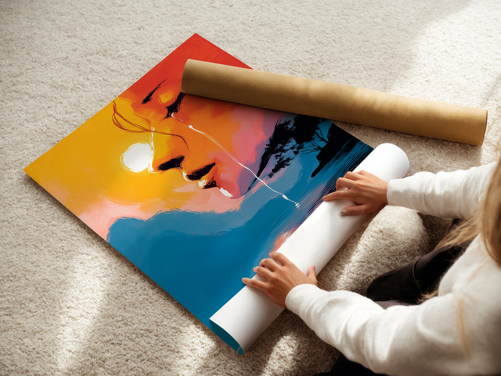A woman is carefully rolling a fine art poster paper. This surreal portrait art displays an abstract face and a sunset lake reflection. It is ideal for contemporary art collectors and enthusiasts.