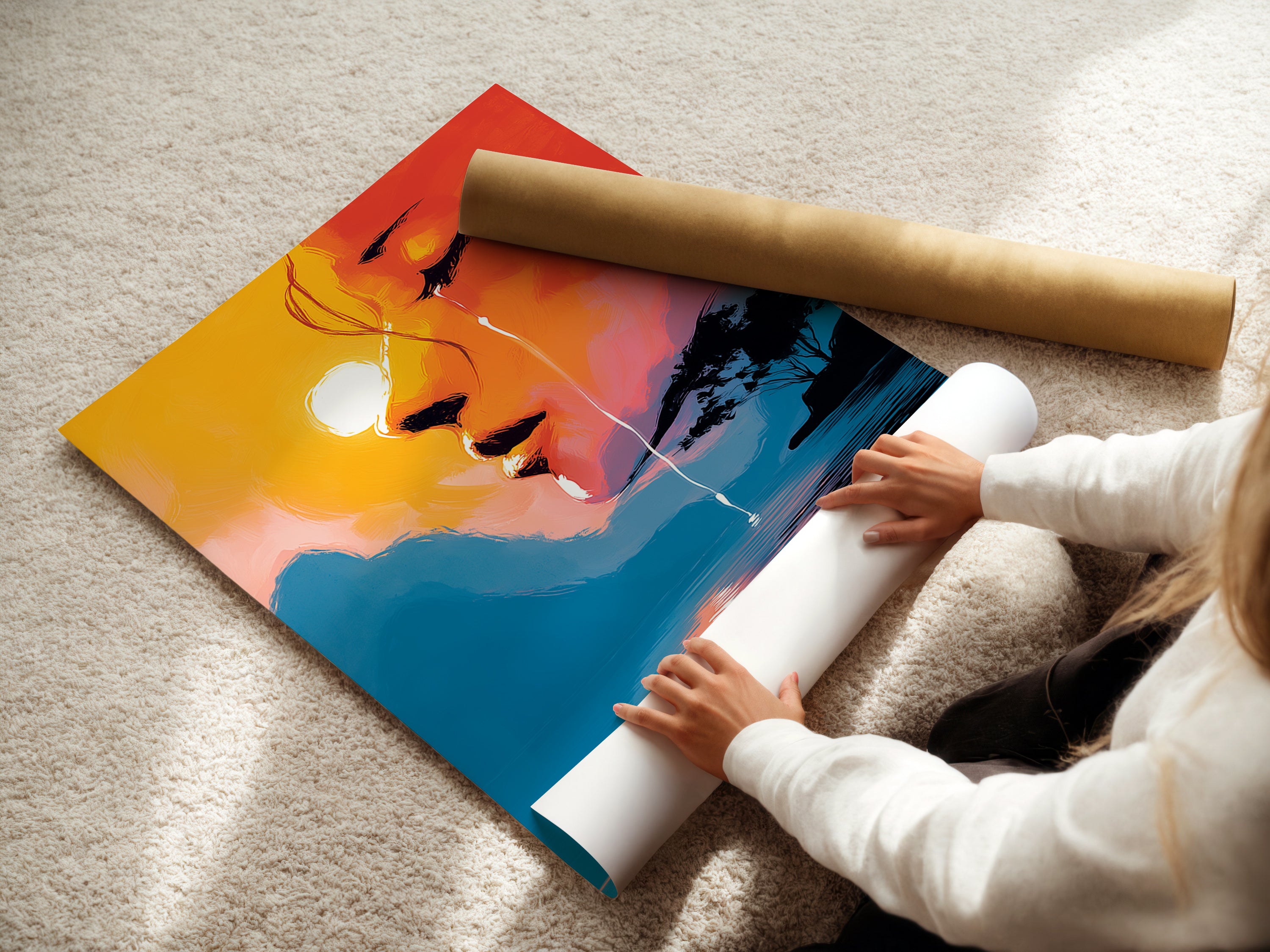A woman is carefully rolling a fine art poster paper. This surreal portrait art displays an abstract face and a sunset lake reflection. It is ideal for contemporary art collectors and enthusiasts.