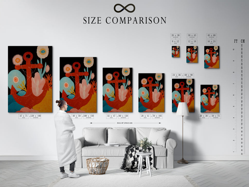 Size comparison chart in an interior setting featuring the Nautical Anchor Artwork. See how different sizes fit your space. Visualize the impact of this coastal wall art. Find the perfect size for your home office decor or living room. Make an informed decision.