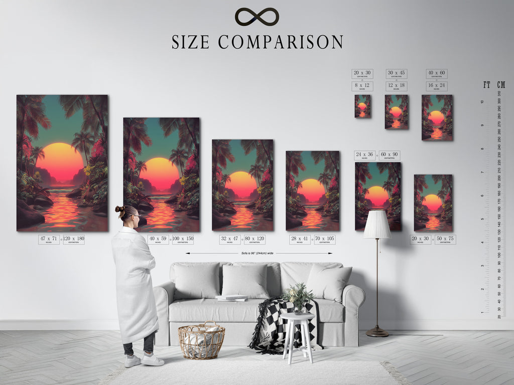 A size comparison chart is shown in an interior setting. The chart helps visualize different artwork sizes. Choose the perfect size for your space. Our size chart makes art selection easy. Find the ideal artwork dimensions for your home decor. Explore our art size options today.