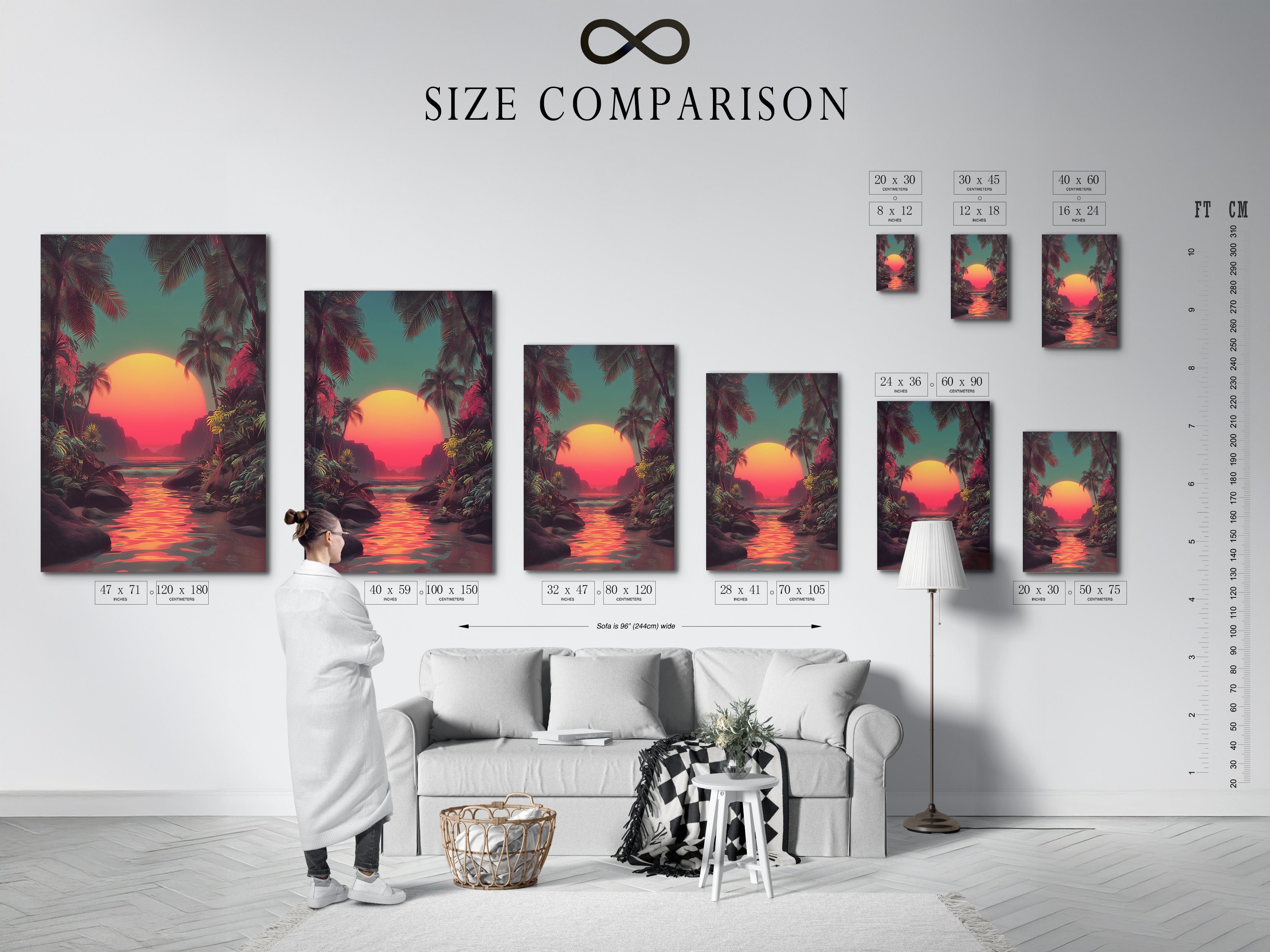 A size comparison chart is shown in an interior setting. The chart helps visualize different artwork sizes. Choose the perfect size for your space. Our size chart makes art selection easy. Find the ideal artwork dimensions for your home decor. Explore our art size options today.
