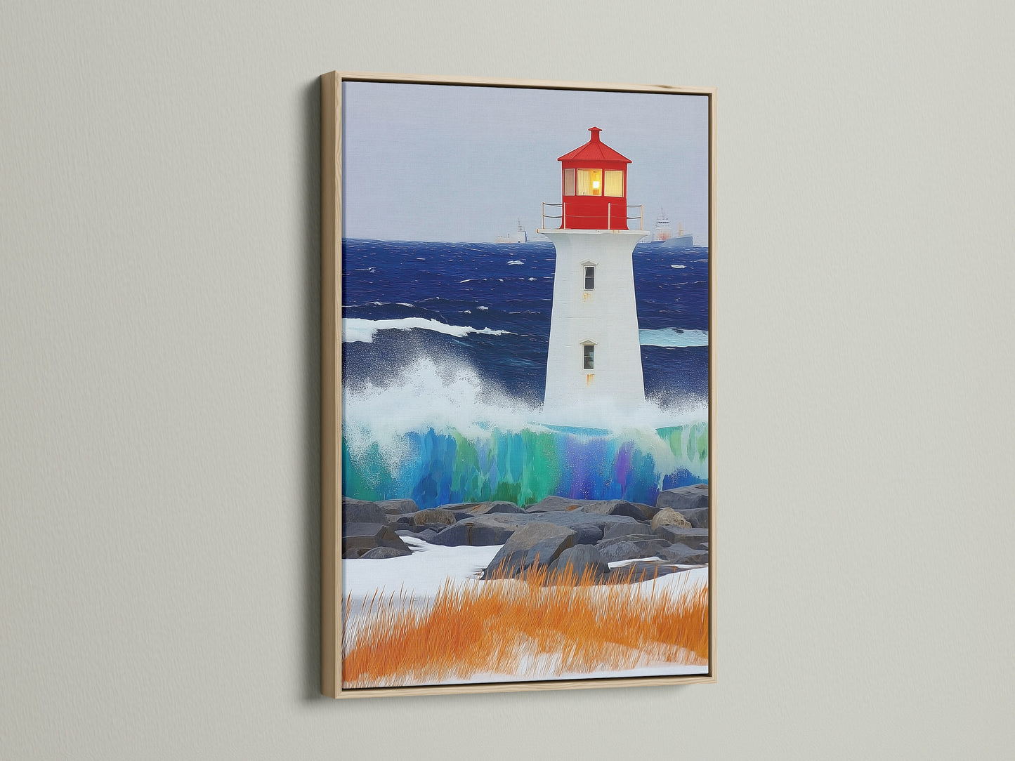 Lighthouse artwork in an oak frame. This coastal canvas is a stunning seascape print. It's nautical wall art perfect for any sea lover. The oak frame enhances the blue and white tones of the art.