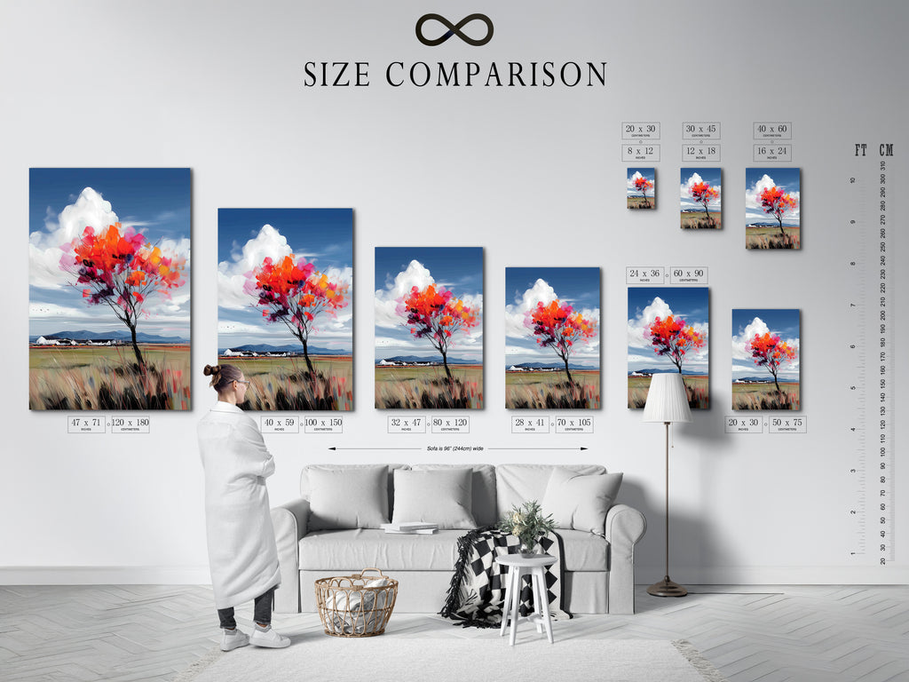 This size comparison chart is displayed in an interior setting. It is helpful for visualizing the scale of autumn tree artwork. The chart shows various sizes for canvas prints and poster paper. Find the perfect fit for your living room bedroom or office wall decor. Choose the right size for your space.