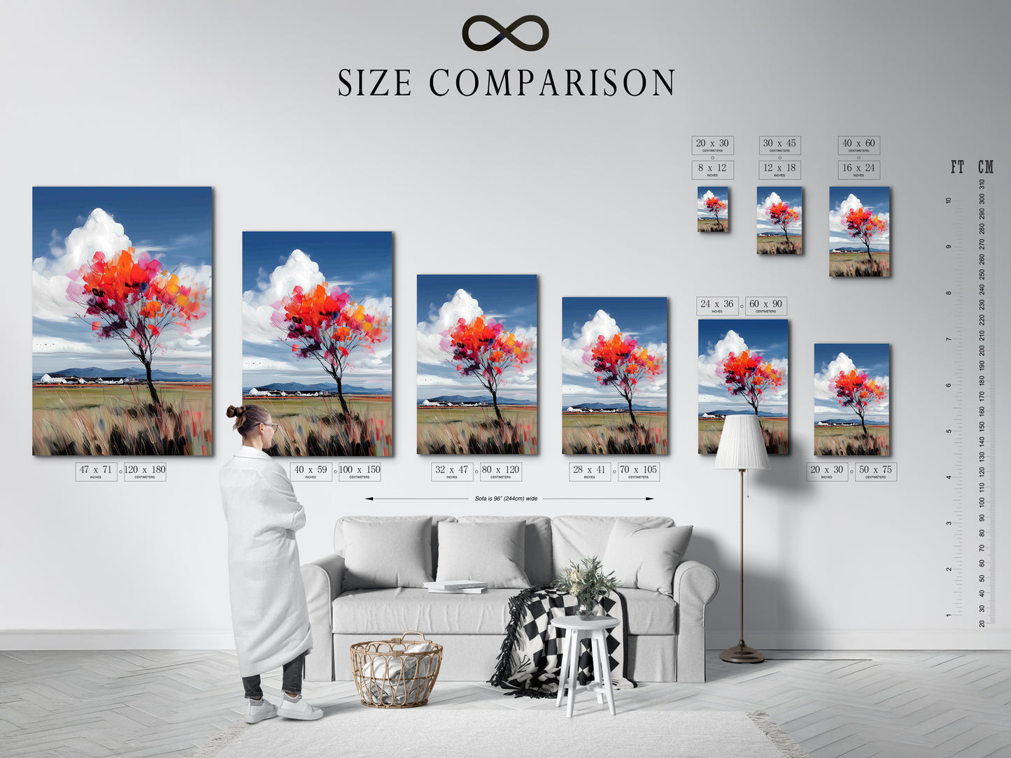 This size comparison chart is displayed in an interior setting. It is helpful for visualizing the scale of autumn tree artwork. The chart shows various sizes for canvas prints and poster paper. Find the perfect fit for your living room bedroom or office wall decor. Choose the right size for your space.