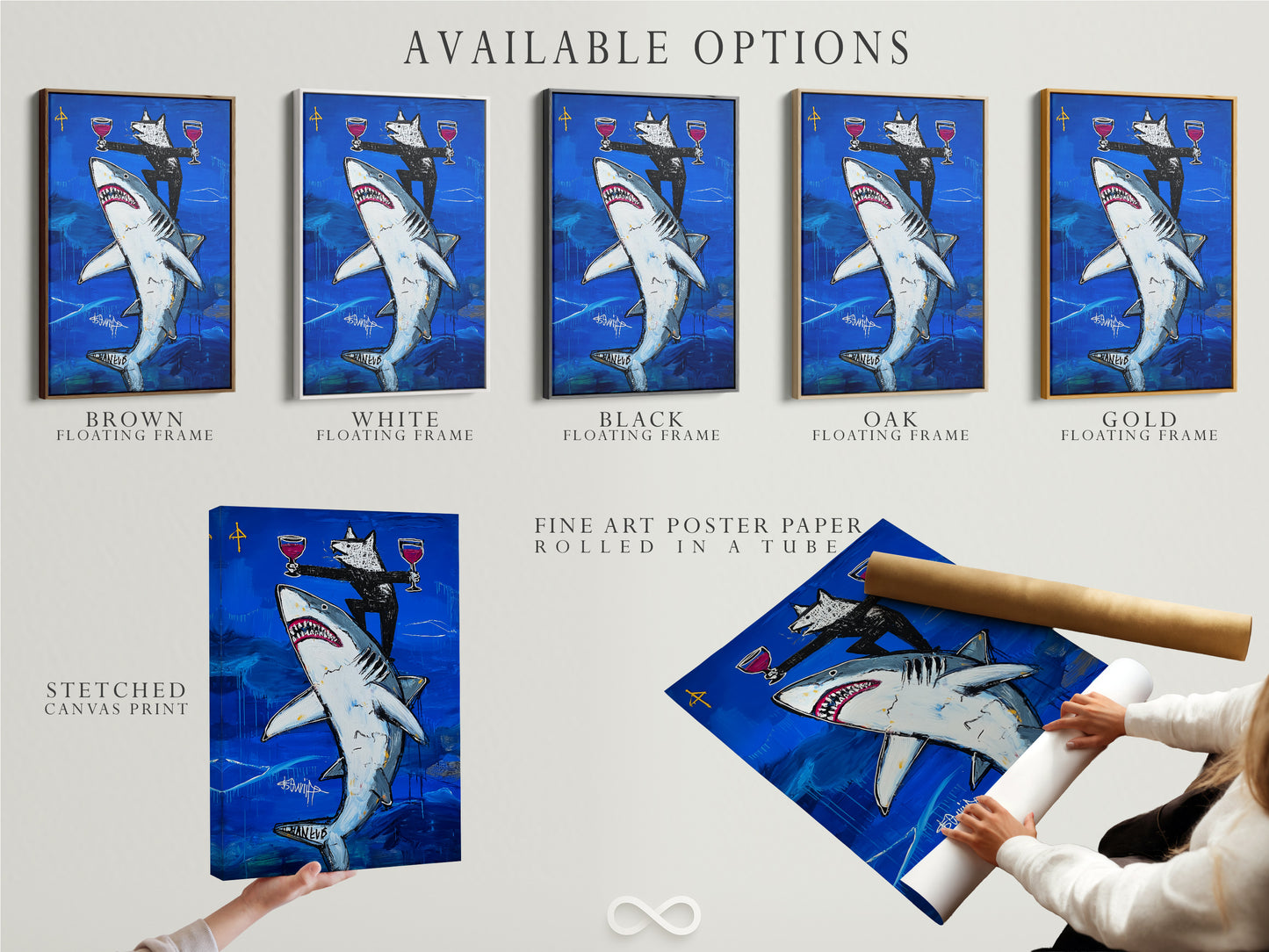 Explore available options for this shark art. Choose from stretched canvas print fine art poster paper or a floating frame. Customize your ocean canvas print to fit your style. Find the perfect marine art for your space.
