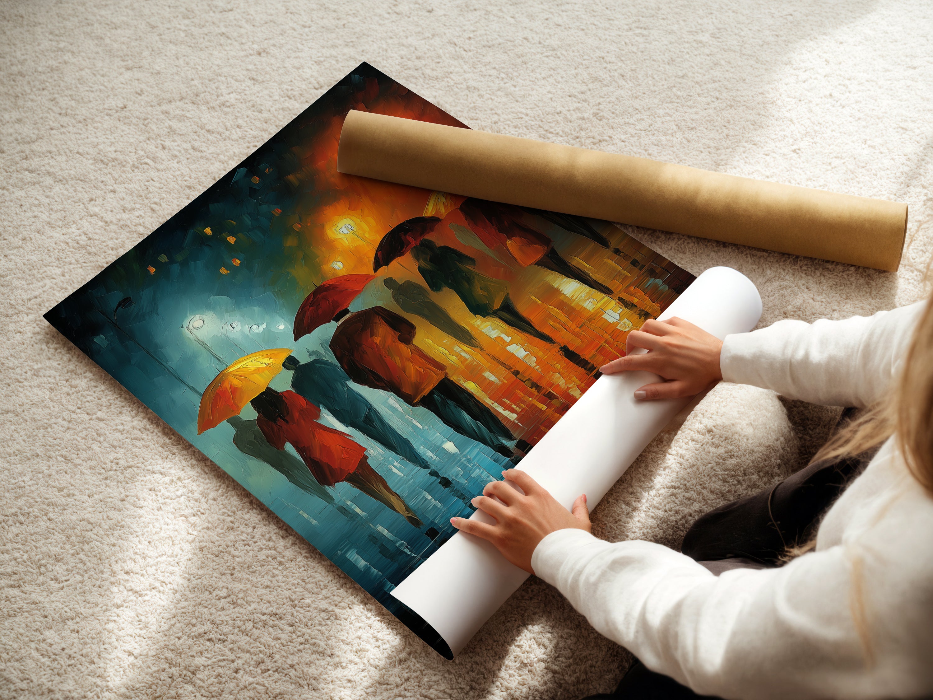 A woman is carefully rolling a fine art poster paper. The paper features the rainy city walk artwork. This allows for easy handling and framing. Choose this option for a flexible display of modern artwork.