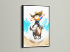 Boy Riding Horse Artwork inside a black frame. The black frame provides a bold contrast. It accentuates the artwork's vibrant colors. This piece is suitable for a modern or eclectic interior. Add a touch of western charm to your decor.