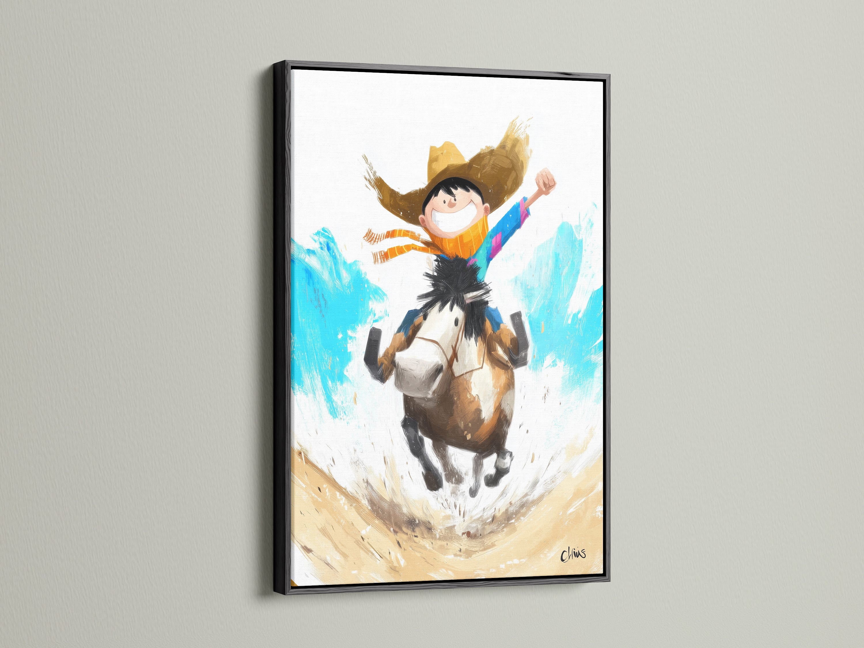 Boy Riding Horse Artwork inside a black frame. The black frame provides a bold contrast. It accentuates the artwork's vibrant colors. This piece is suitable for a modern or eclectic interior. Add a touch of western charm to your decor.