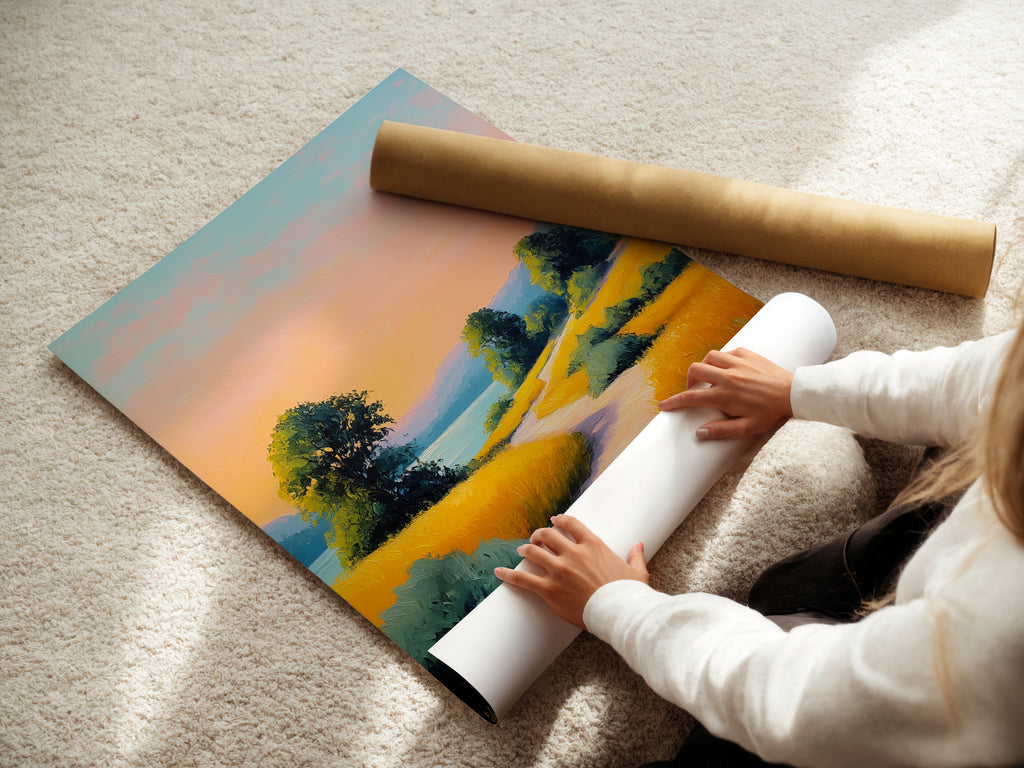 A woman carefully rolling a fine art poster paper. The paper features a sunset landscape artwork with a golden path print. Fine art posters are a great option for affordable nature wall art. Perfect for adding a touch of peacefulness to your home or office. Easy to frame and display.