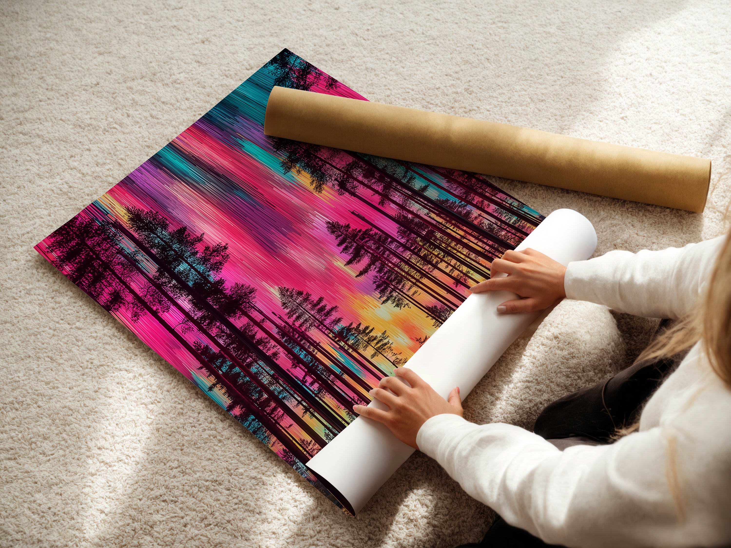 A woman carefully rolls a fine art poster paper featuring the Aurora Borealis. The colorful forest artwork is ready for framing. This nature print is perfect for adding a touch of magic to your home decor. Ideal for Scandinavian styles.