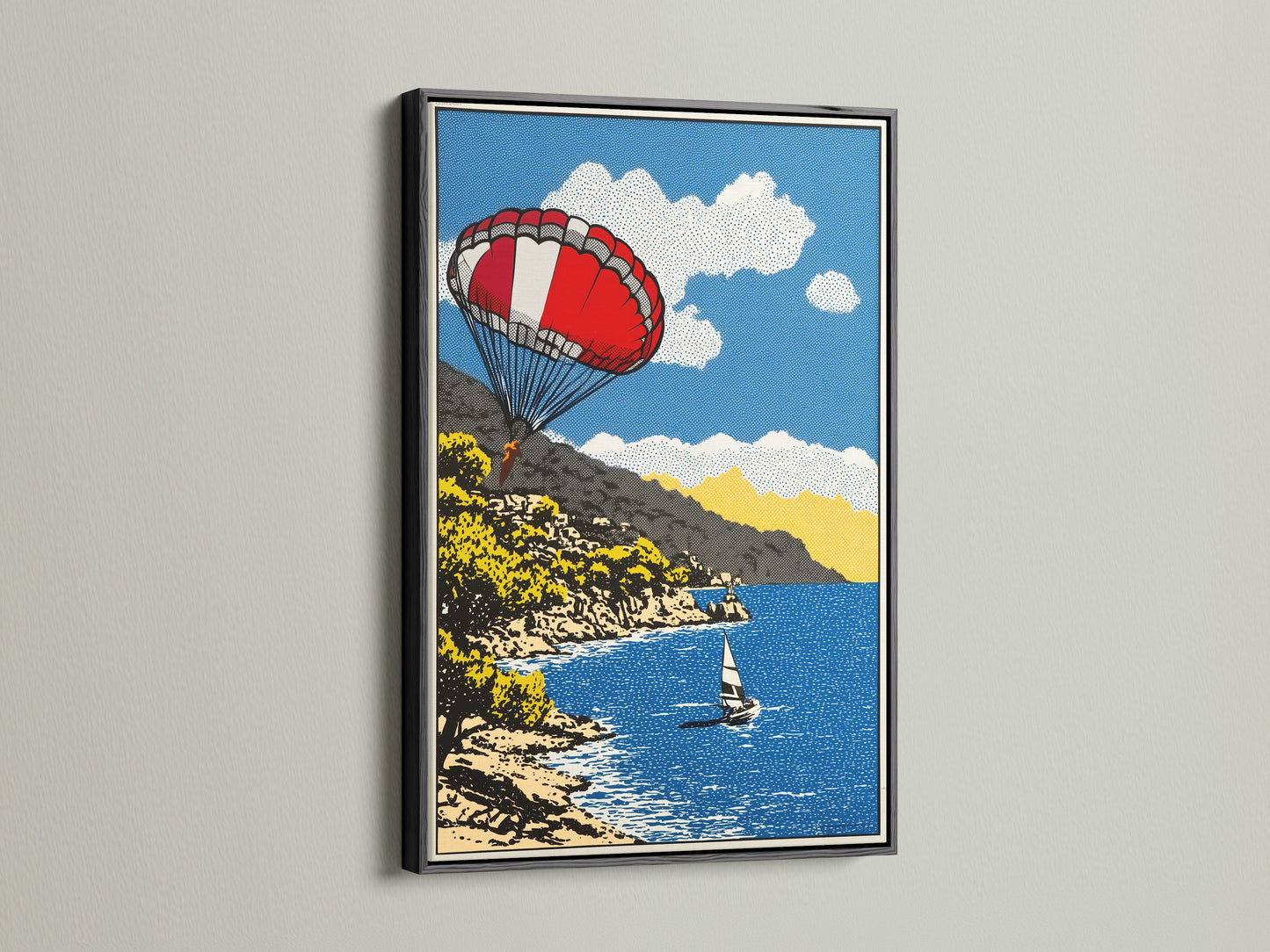 The black frame provides a bold sophisticated touch. The dark border creates a striking contrast. This frame adds drama and elegance to the artwork. It is a classic choice for any art piece.