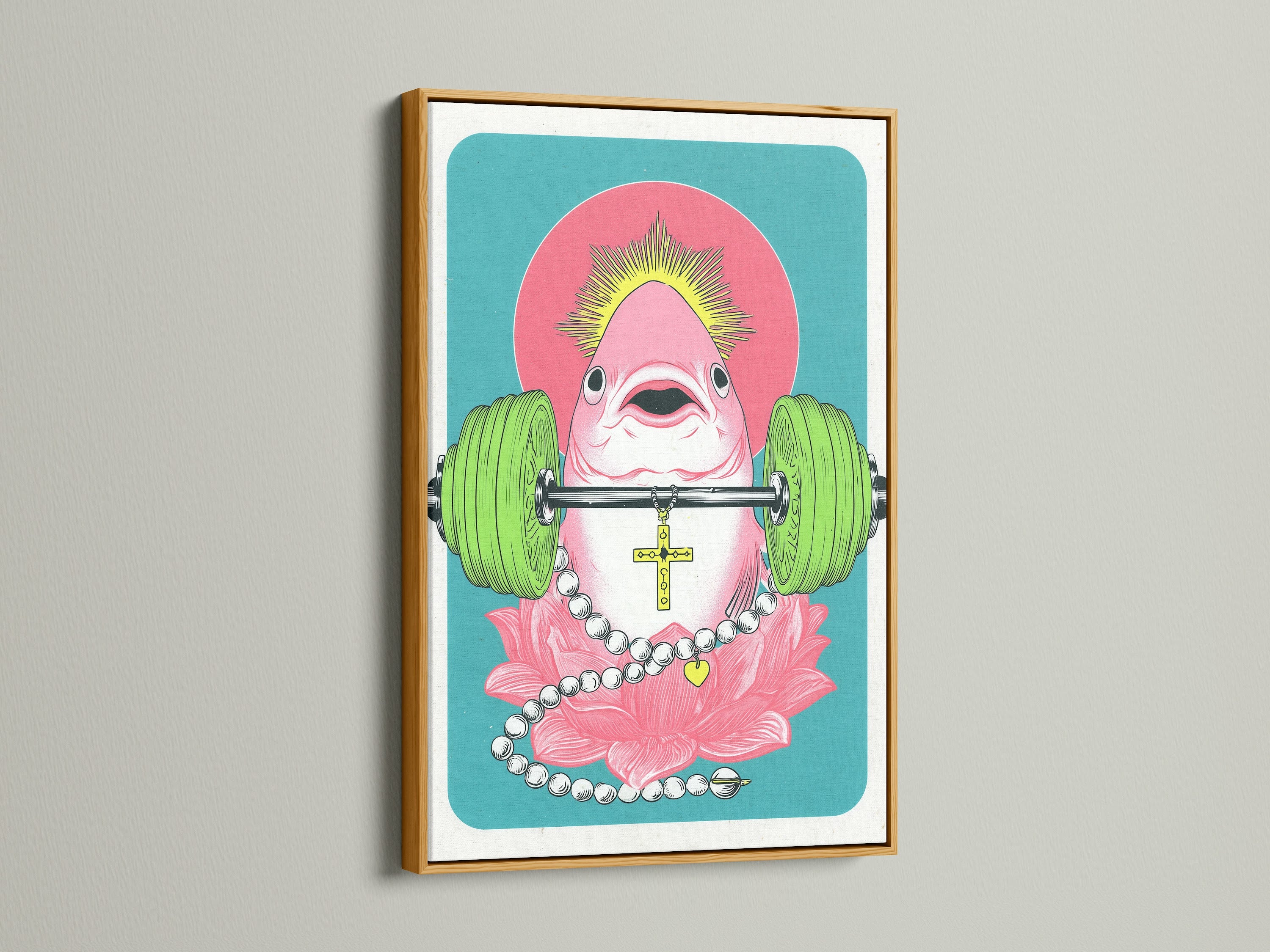 Surreal flamingo artwork print in a gold frame. This pop surrealism piece is a fun addition to any home gym. It's a great gift for fitness enthusiasts and animal art lovers. The artwork is both motivational and quirky.