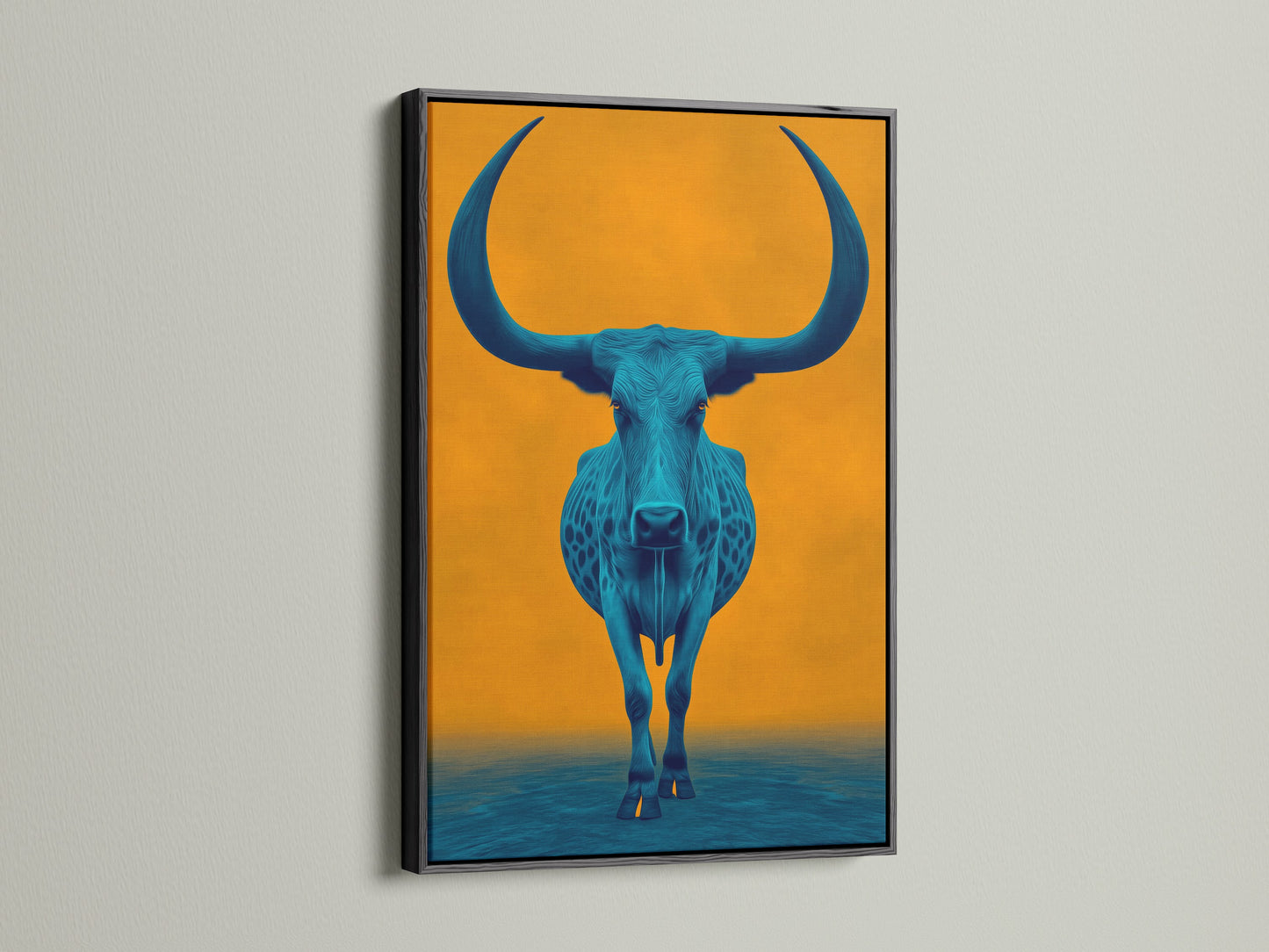 Showcasing longhorn art with a black frame. The bull canvas print features teal and orange colors. The black frame adds a bold and sophisticated touch. This western artwork becomes a focal point. Ideal for modern home art and office wall decor.
