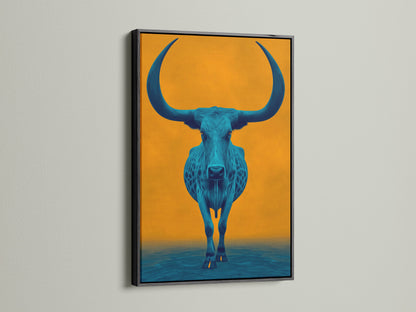 Showcasing longhorn art with a black frame. The bull canvas print features teal and orange colors. The black frame adds a bold and sophisticated touch. This western artwork becomes a focal point. Ideal for modern home art and office wall decor.