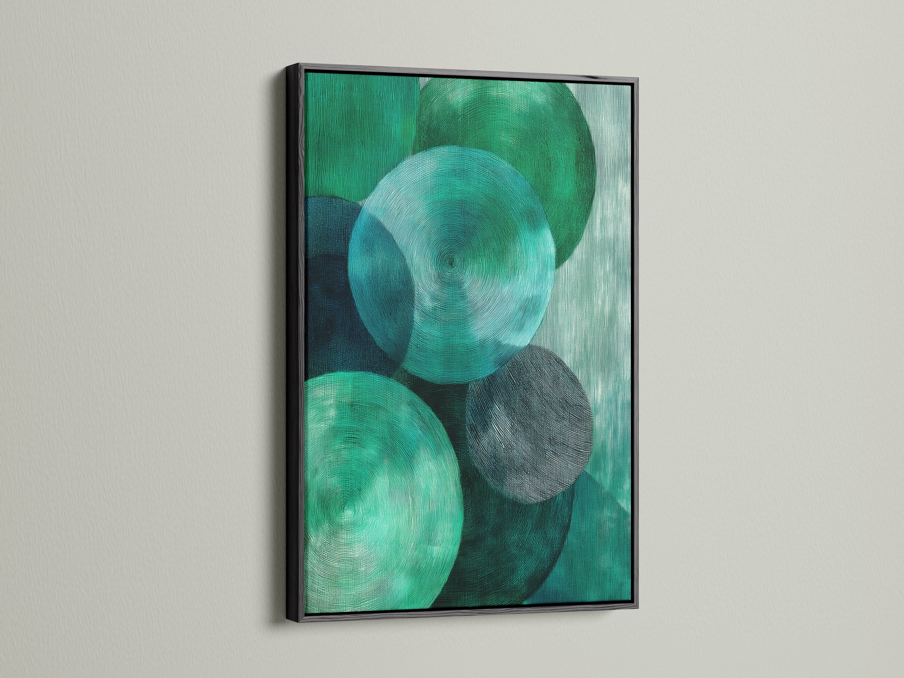 Abstract Geometric Canvas art in a black frame. The artwork features emerald green circles. This modern textured print is great for office wall decor. Perfect for homeowners renters interior designers and business owners seeking elevated modern art.