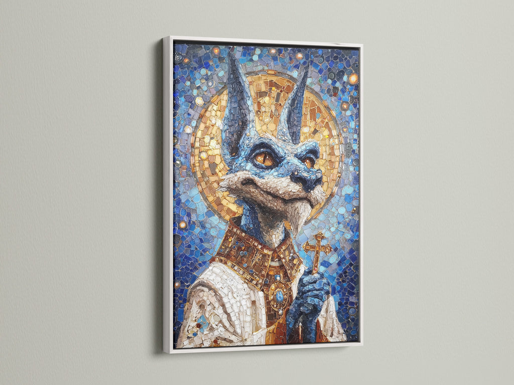 Anubis Mosaic Artwork Print with a white frame. The artwork is an Egyptian God Wall Art piece. It features blue and gold religious imagery. Perfect gothic art for bedroom wall decor.  The frame provides a clean modern look.