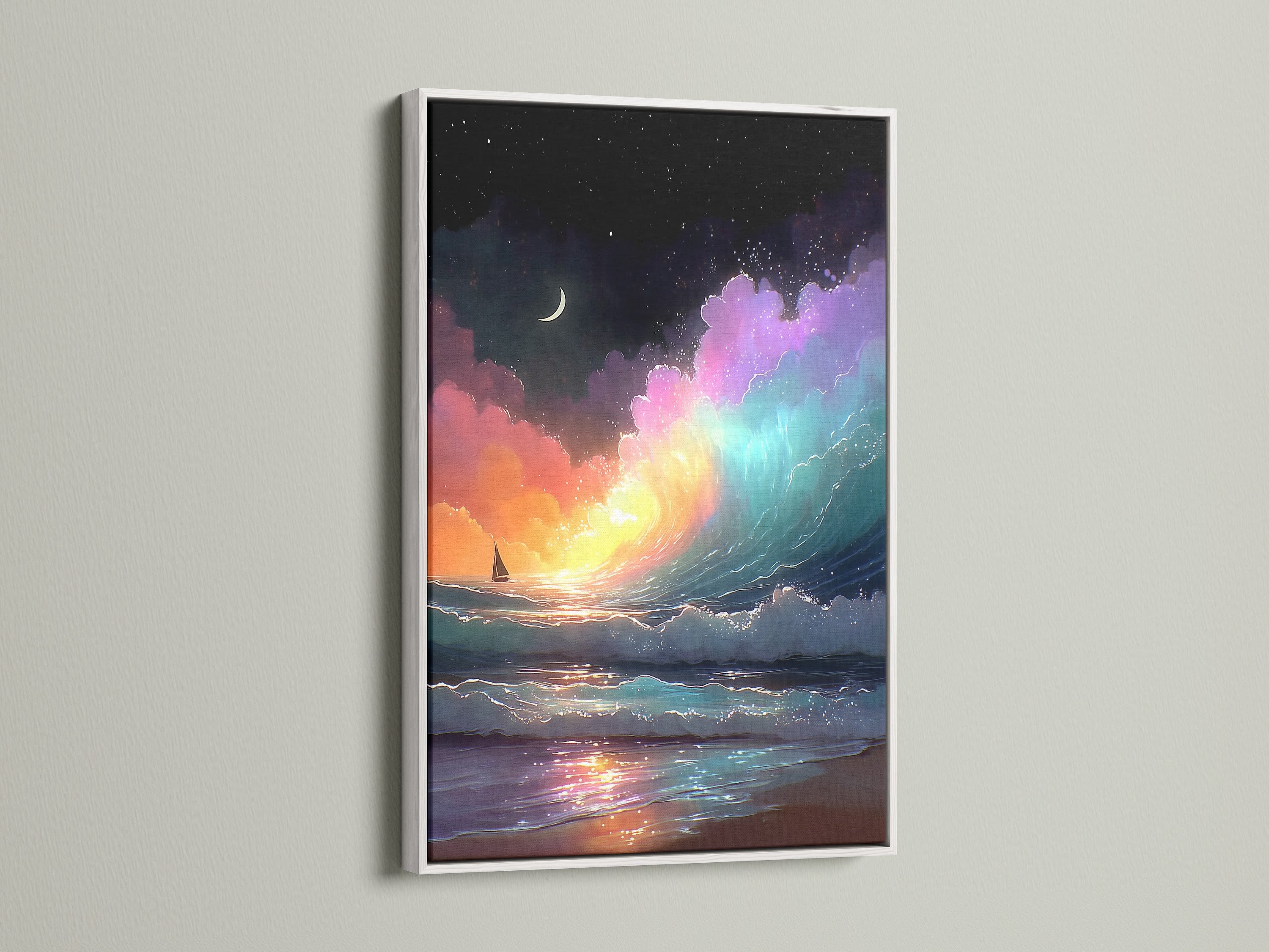 An ocean wave artwork with a pastel sky is framed in white. A nautical sailboat adds to the coastal theme. This artwork enhances any room. Perfect for bedroom wall decor. Adds a serene touch to studios and vacation rentals.