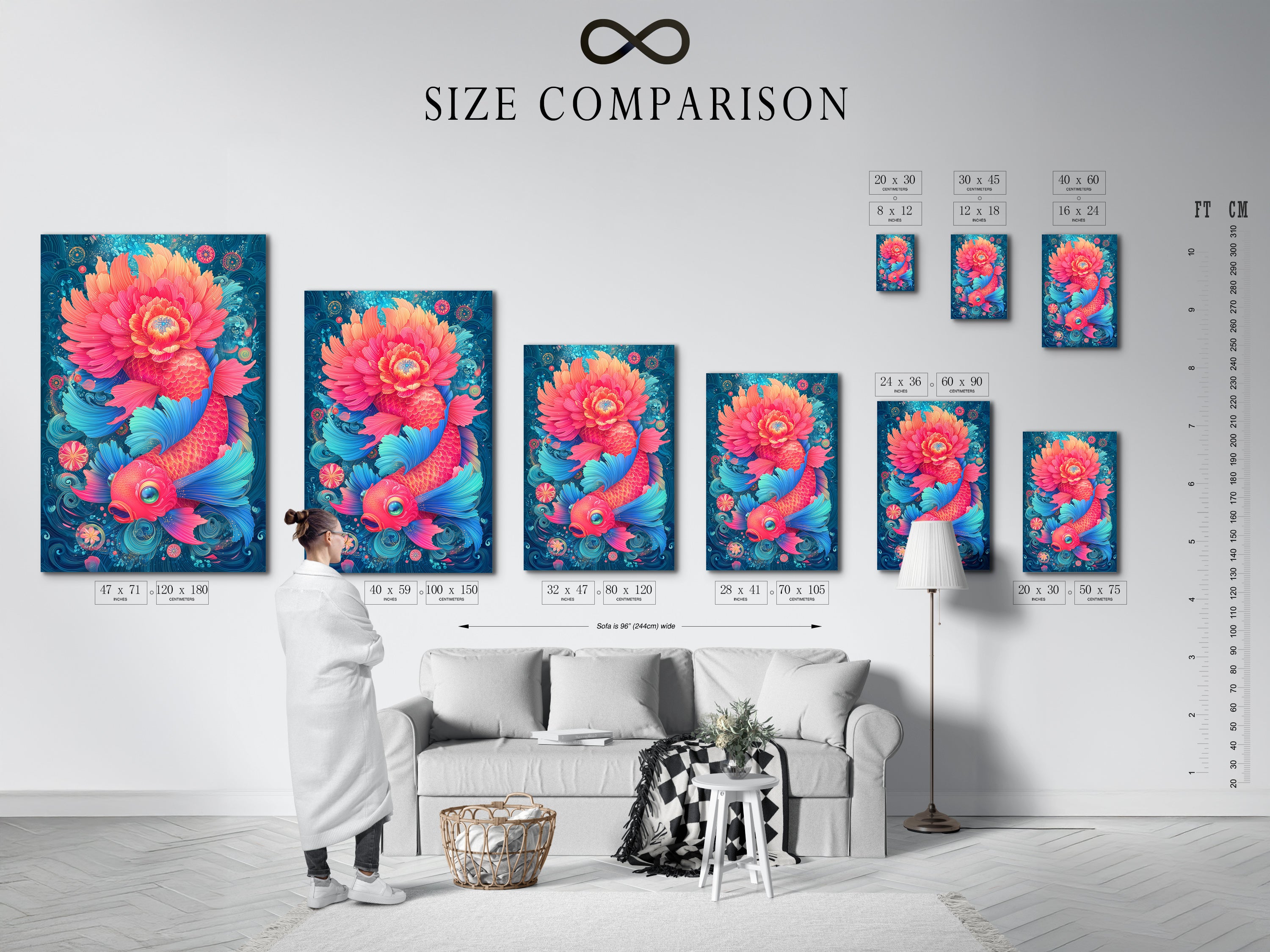 A size comparison chart shows the koi fish artwork in an interior setting. This chart helps visualize how the art fits in different spaces. The modern Asian artwork combines floral elements with a pink fish and teal accents.