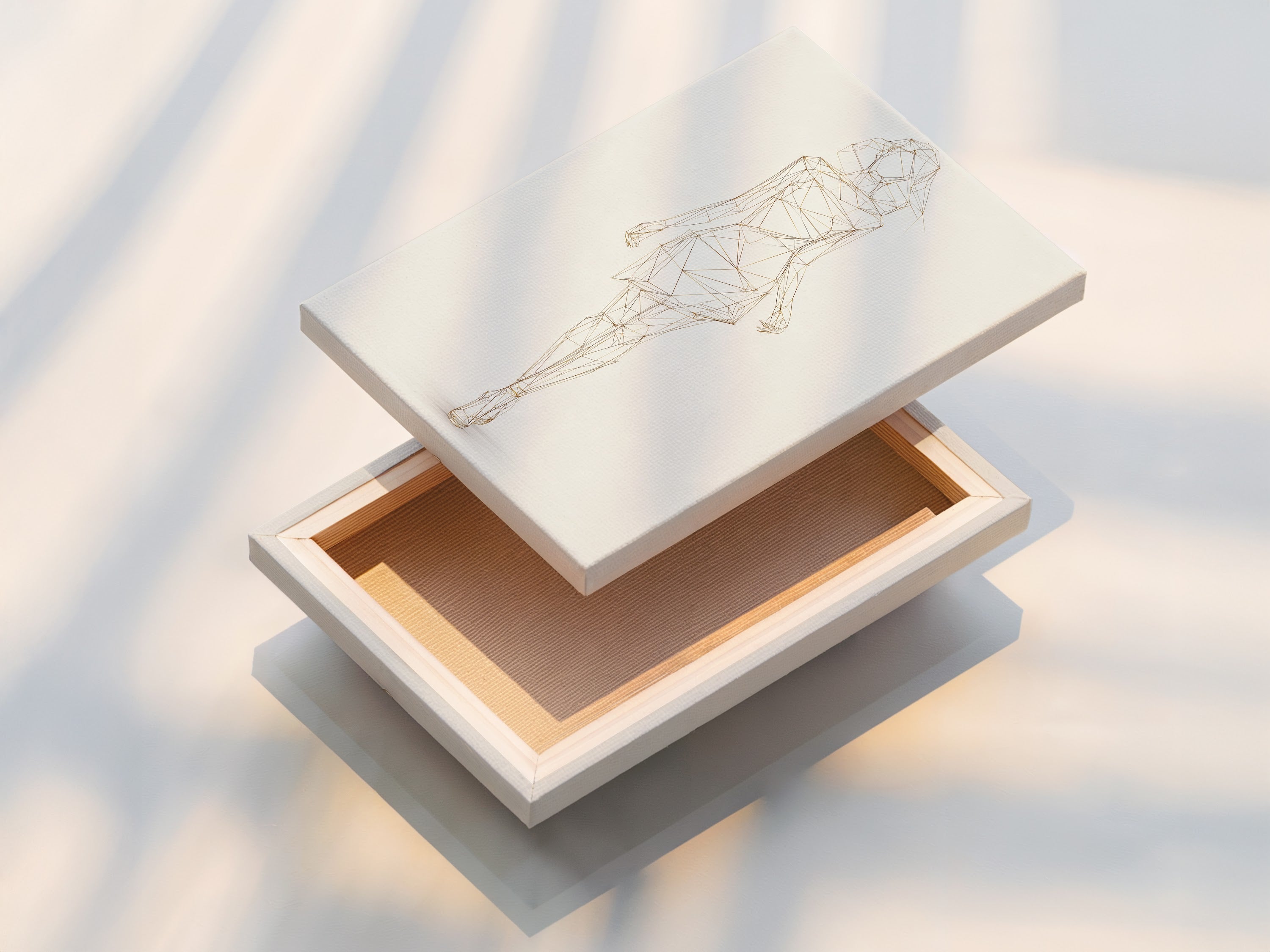 A stretched canvas print of Geometric Woman art. The artwork is ready to hang. This minimalist line drawing is modern fashion sketch artwork. The beige and gold colors are beautiful. Enhance your space with this refined contemporary wall decor. Ideal for minimalist modern or Scandinavian aesthetics