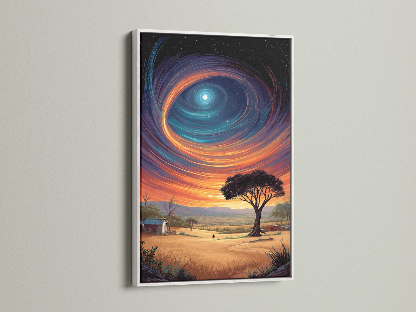 This white frame accentuates the colorful sky art within. The surreal landscape canvas print brings a cosmic feel to your space. Ideal bedroom wall decor. The fantasy sky artwork is eye-catching.