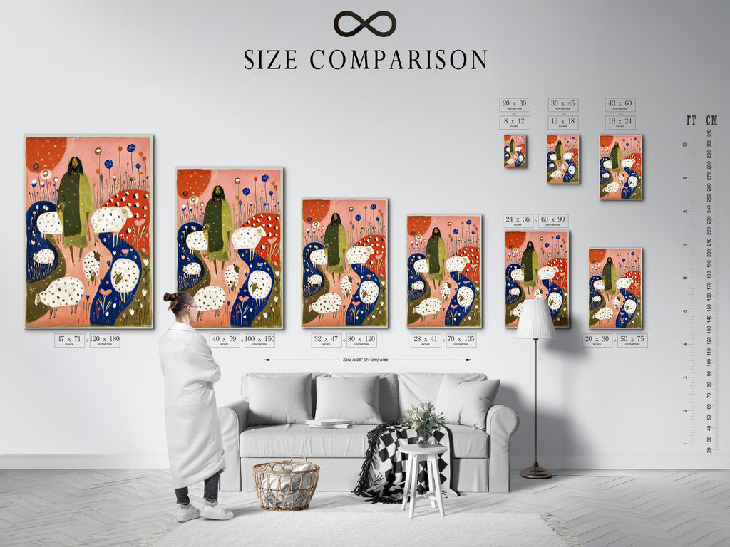 An interior view of a size comparison chart. The chart illustrates various art print dimensions. Use this chart to visualize how different sizes will look. Determine the perfect scale for your space and artwork needs.
