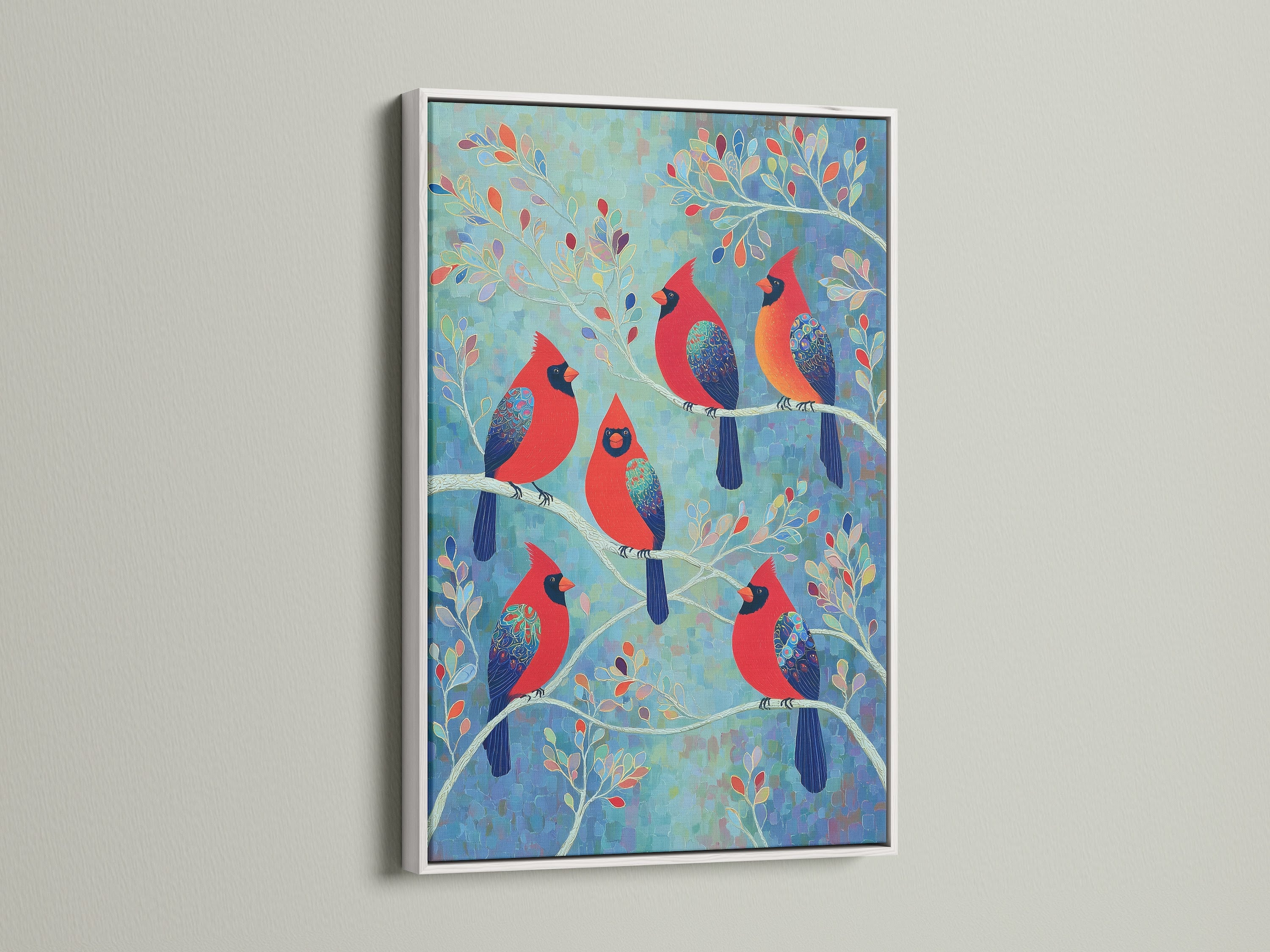 The 'Cardinal Birds' artwork is beautifully presented in a white frame. Ideal for adding a refreshing touch to any room. The white frame enhances the colorful birds and nature-themed decor.