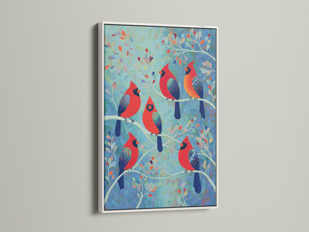 Brighten your home with this vibrant cardinal artwork. The white frame enhances the colorful bird art. It will create a clean modern look. This nature wall art is perfect for bird lovers. Add a touch of elegance to your decor.