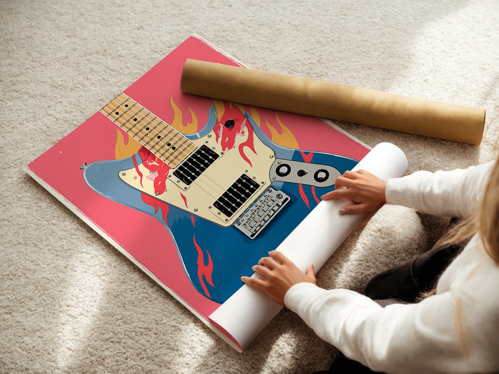 A woman carefully rolls a fine art poster paper featuring the electric guitar artwork. The high-quality paper ensures the artwork looks stunning. This format allows for easy handling and framing. Ideal for music enthusiasts.