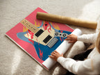 A woman carefully rolls a fine art poster paper featuring the electric guitar artwork. The high-quality paper ensures the artwork looks stunning. This format allows for easy handling and framing. Ideal for music enthusiasts.