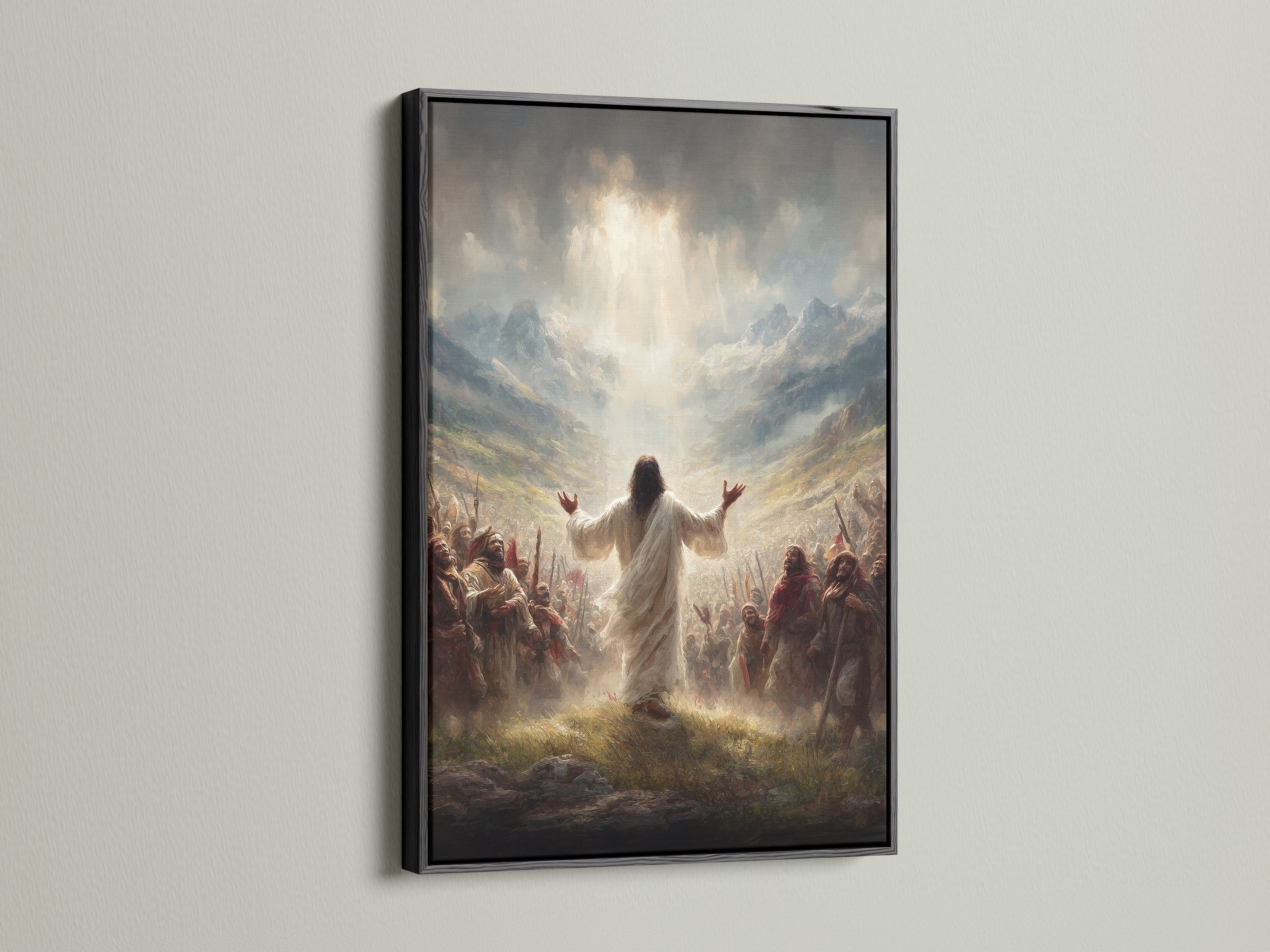 Check out the Jesus Christ canvas in a black frame. This spiritual decor makes a bold statement. Perfect for church office art or living room wall art. Find this religious print and more Christian art today.