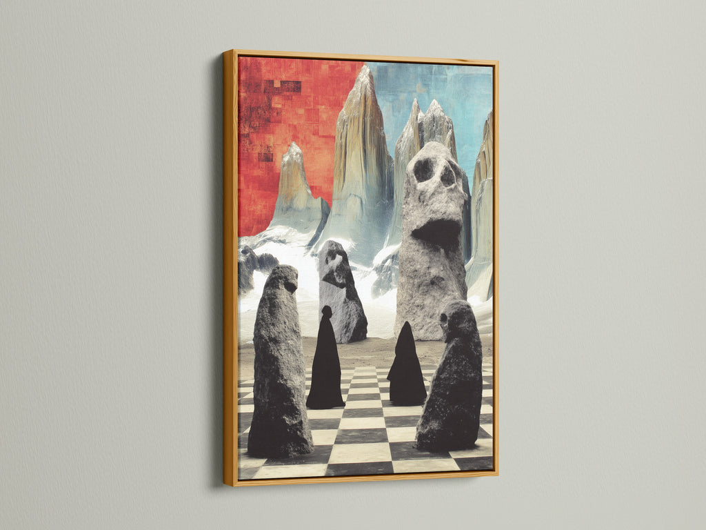 A surreal stone figures art print is showcased in a gold frame. This abstract canvas print brings a touch of luxury to any space. The modern wall art features a unique checkerboard pattern. Enhance your home decor.